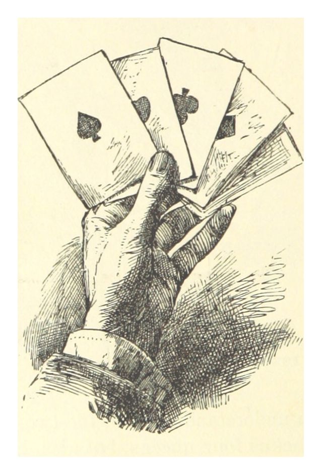 The image shows a drawing of a person's hand holding four aces of spades, with text at the bottom....