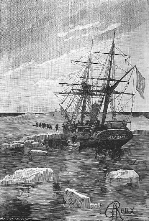 The image shows a black and white drawing of a ship in the water surrounded by icebergs, with...