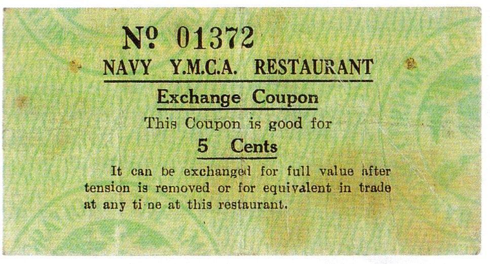 The image shows a paper with the text "Navy YMCA Restaurant Exchange Coupon" written on it,...