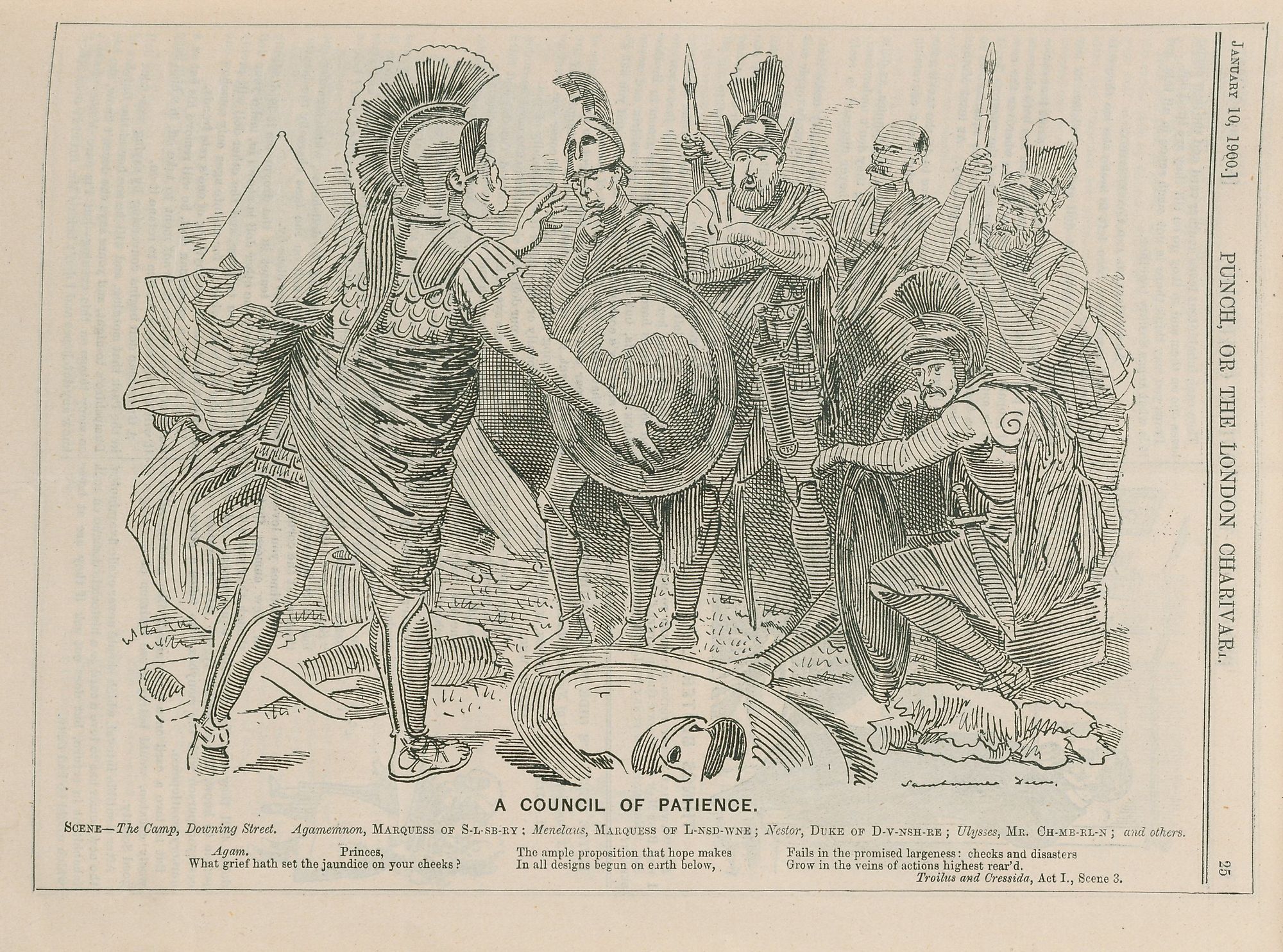 The image shows a paper with a drawing of a group of men in armor, some of whom are holding shields...