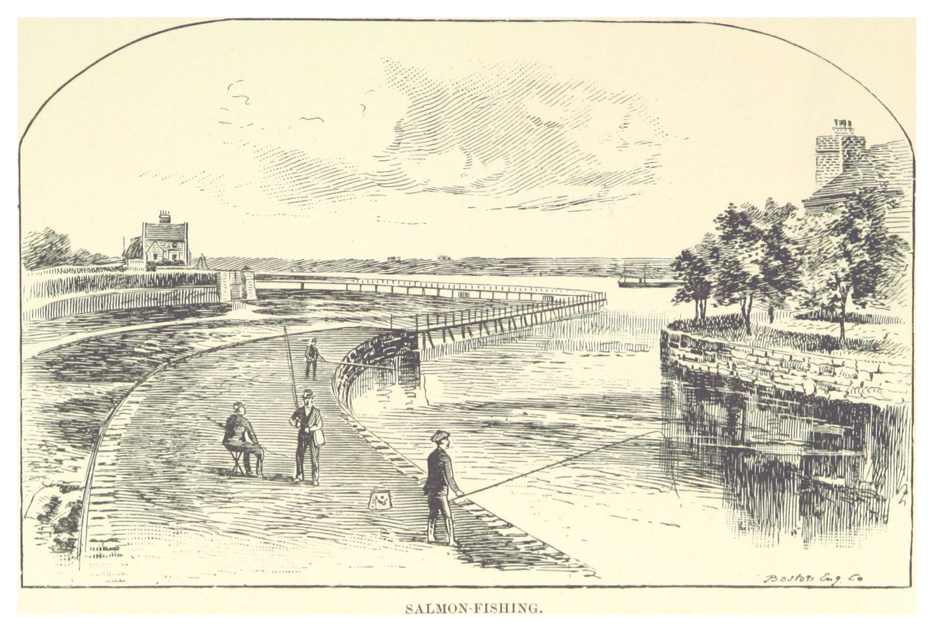 The image shows a drawing of people fishing on a river with a bridge in the background, surrounded...