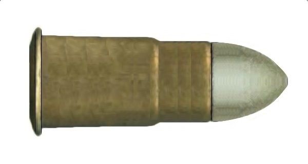 The image shows a brass bullet on a white background with a black border around it. The bullet is...
