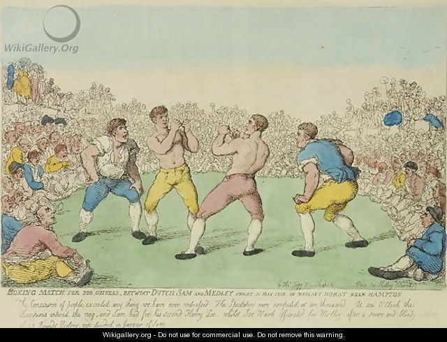 The image shows a painting of a group of men playing a game of boxing, with a crowd of people...