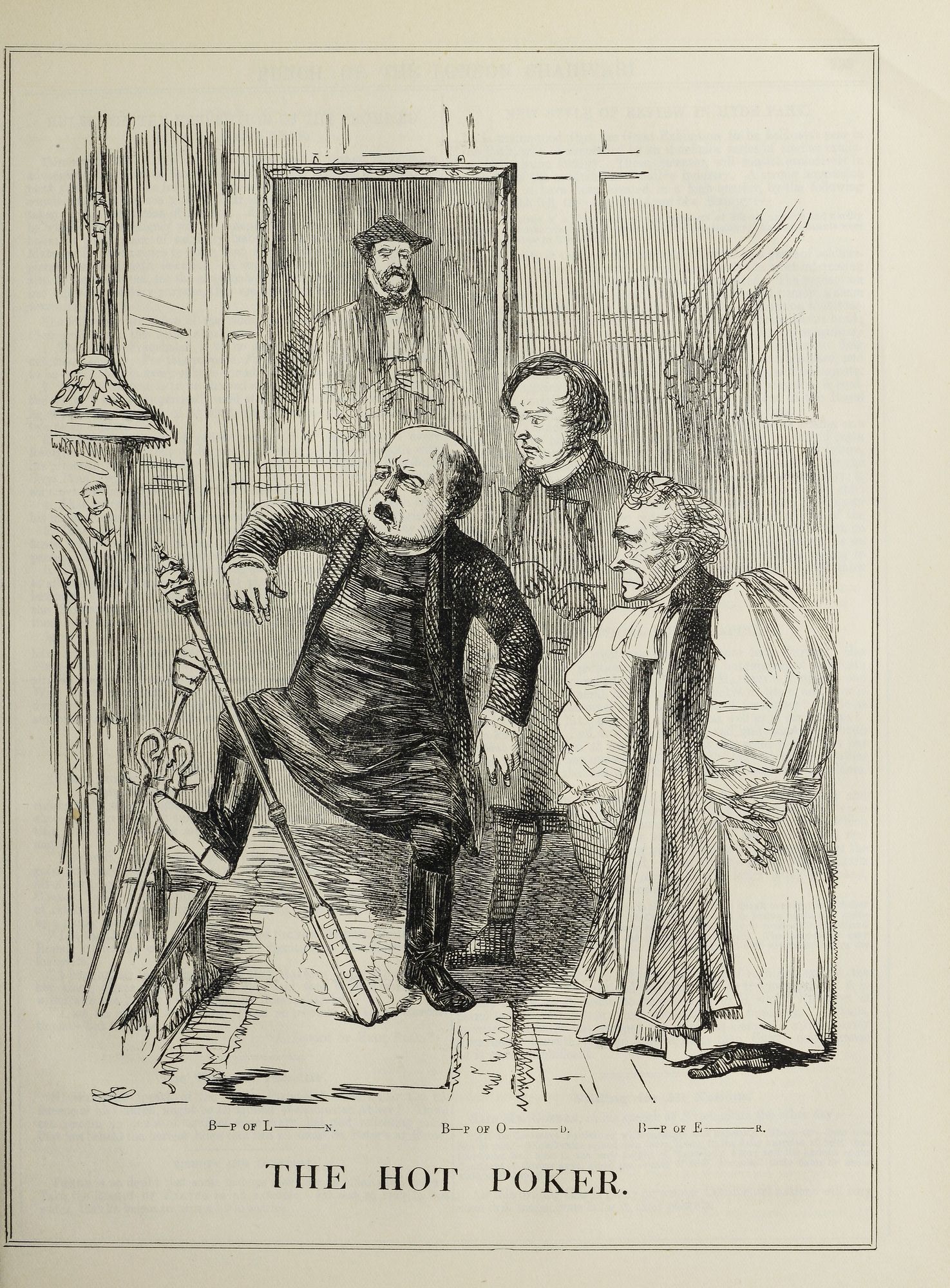 The image shows a paper with a drawing of three people, one of whom is holding a stick, with the...