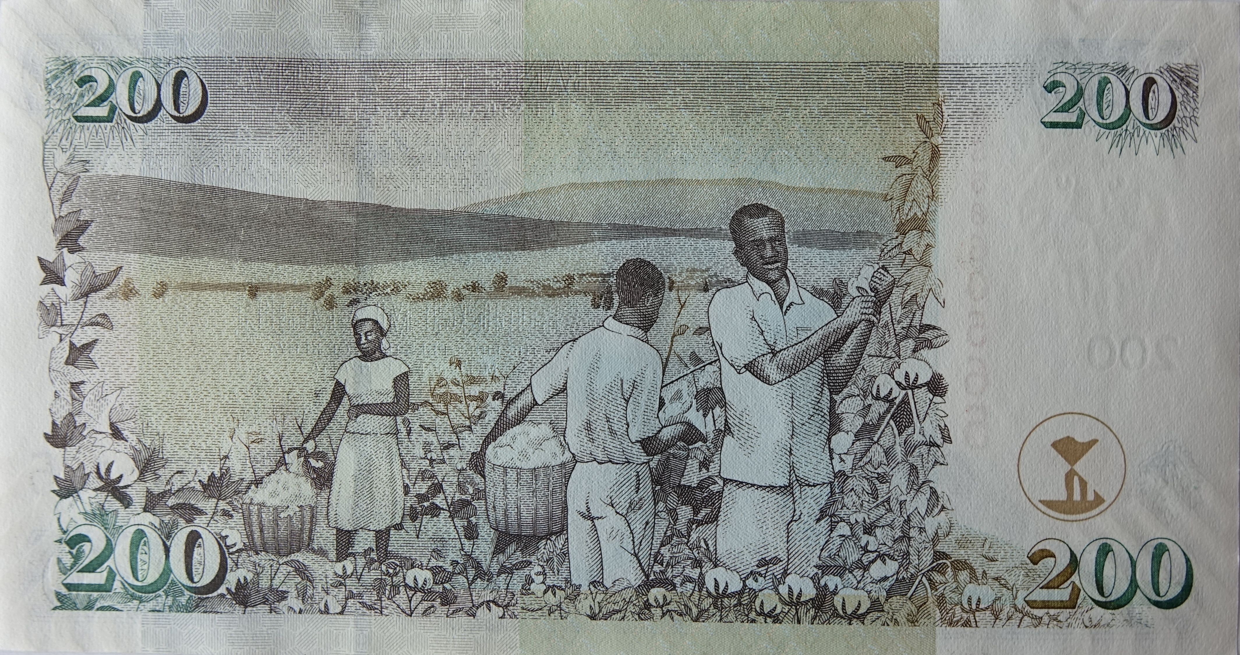 The image shows a Zimbabwe 200 Zimbabwean Shillings banknote with a picture of a man and a woman on...