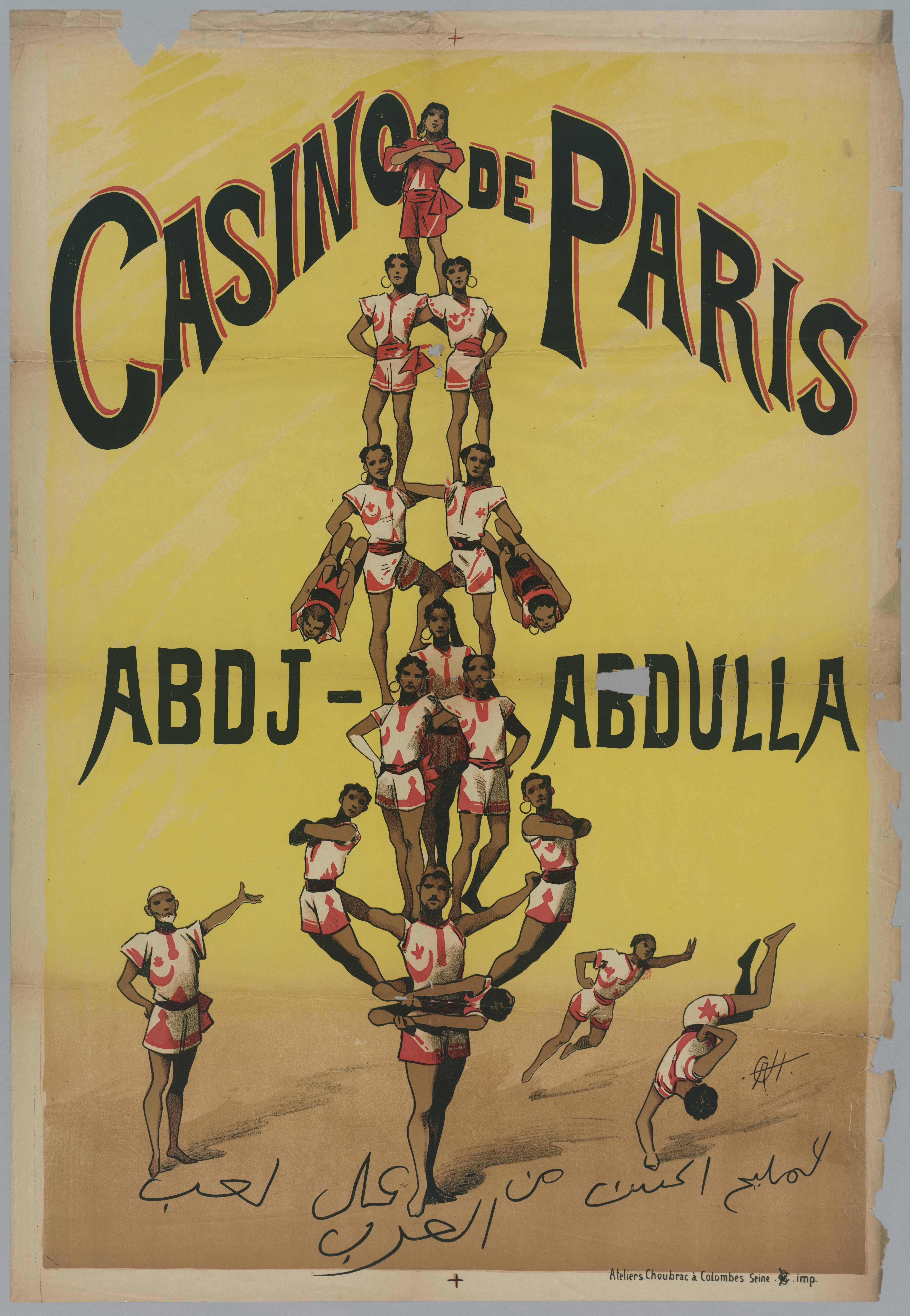 The image shows a poster advertising a casino in Paris, France. It features a group of people in...