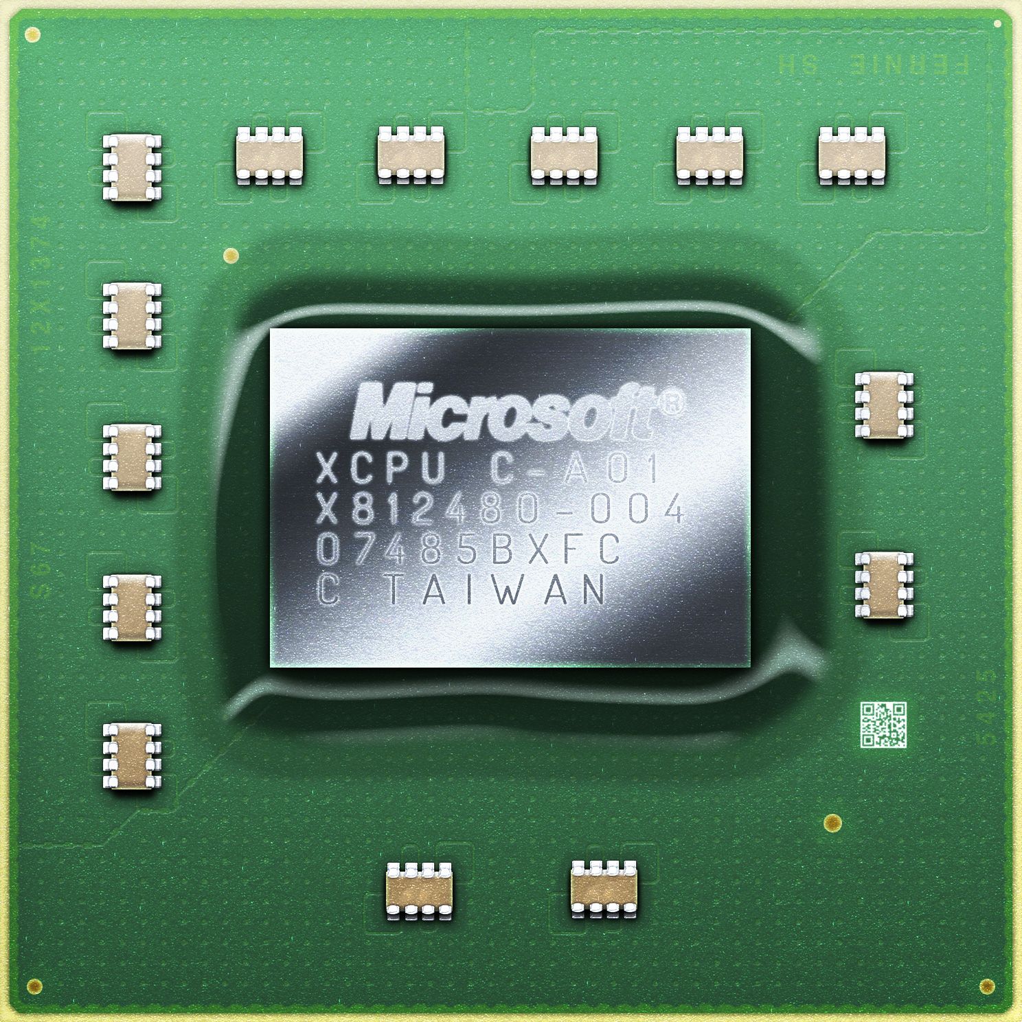 The image shows a close up of a microprocessor chip on a yellow background. The chip is green and...