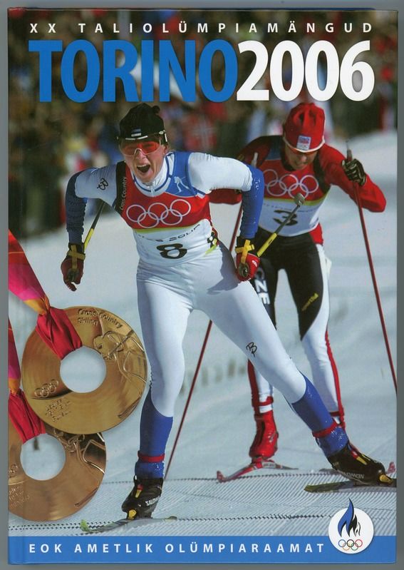 The image shows a poster of the 2006 Olympic Games in Torino, Italy. It features two people skiing...