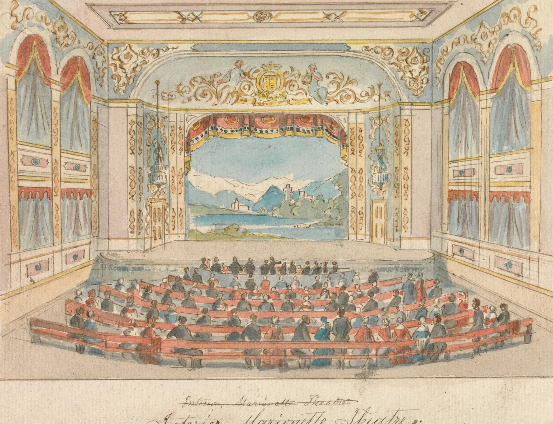 The image shows a drawing of a theater with people sitting in the auditorium. The walls are...
