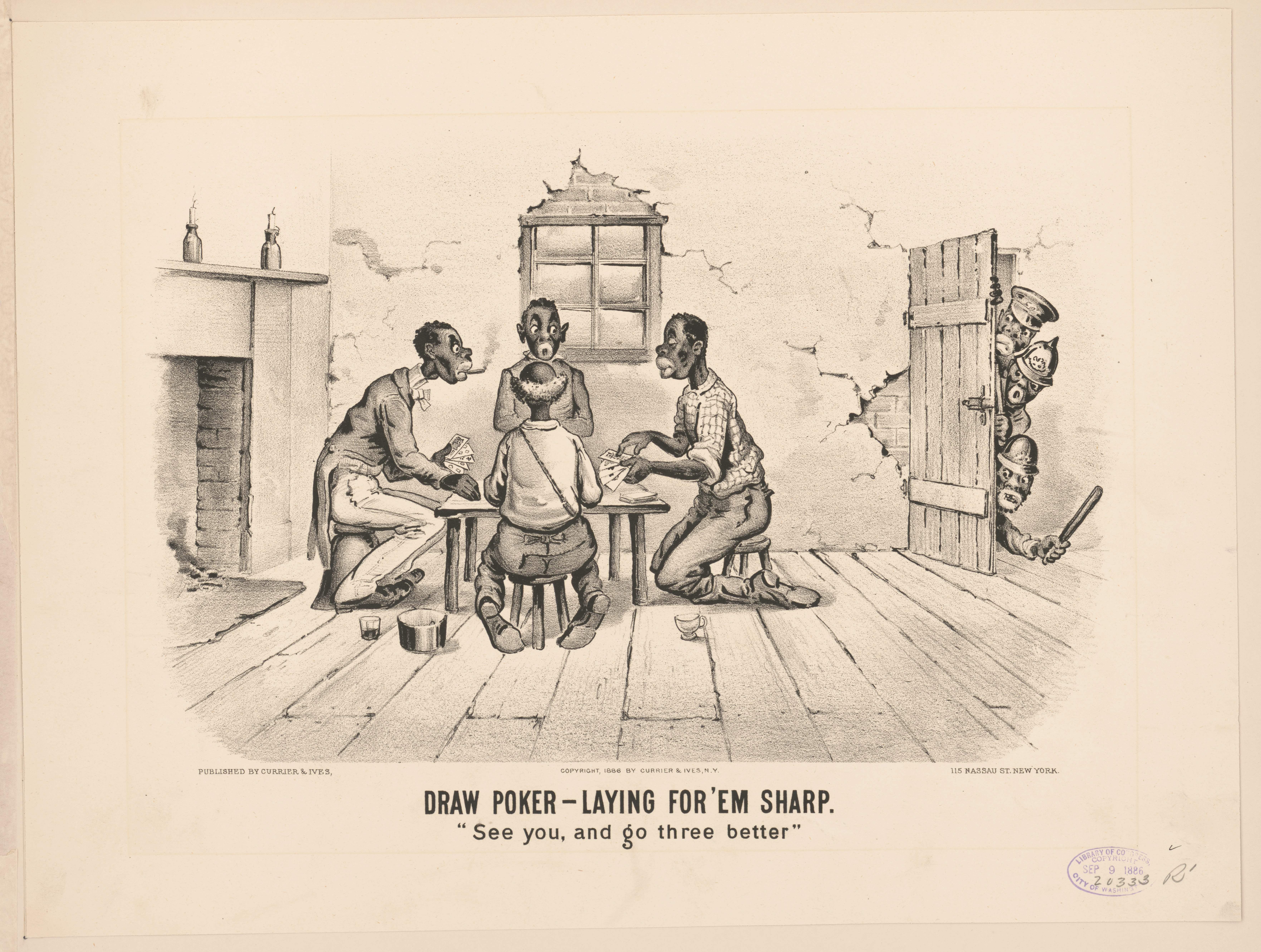 The image shows a group of people sitting around a table playing poker, with a wall, window, door,...