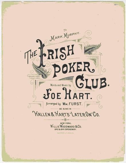 The image shows a poster with the words "The Irish Poker Club" written in bold, black lettering...