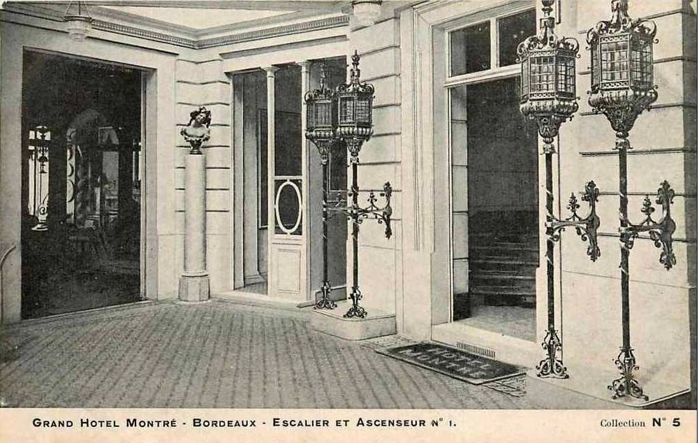 The image shows an old black and white photo of the entrance to the Grand Hotel Montréal in...