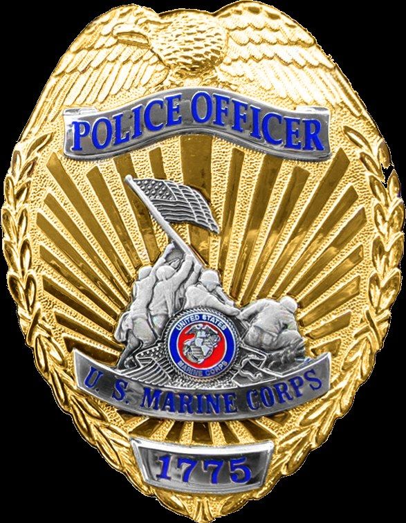 The image shows a police officer badge with the words "U.S. Marine Corps" written on it against a...
