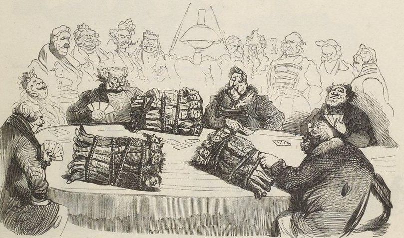 The image shows a black and white drawing of a group of people sitting around a table playing...