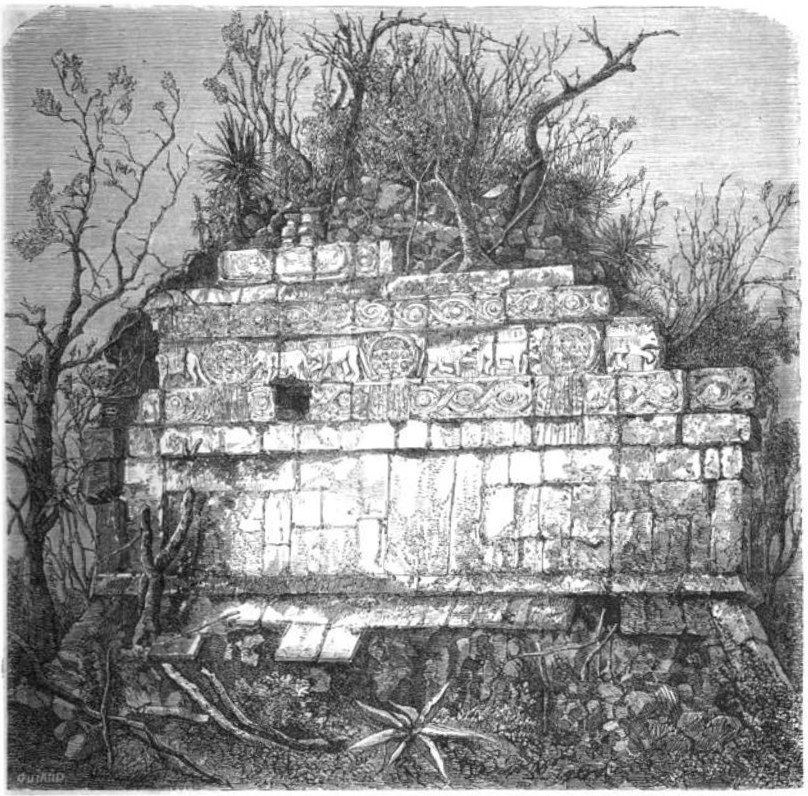The image shows a black and white engraving of the ruins of the Mayan city of Tikalpa, Guatemala....