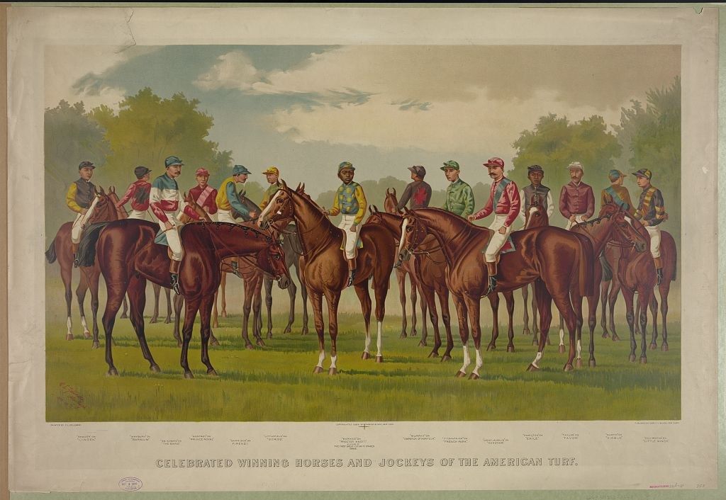 The image shows a group of people riding horses on top of a lush green field, with trees in the...