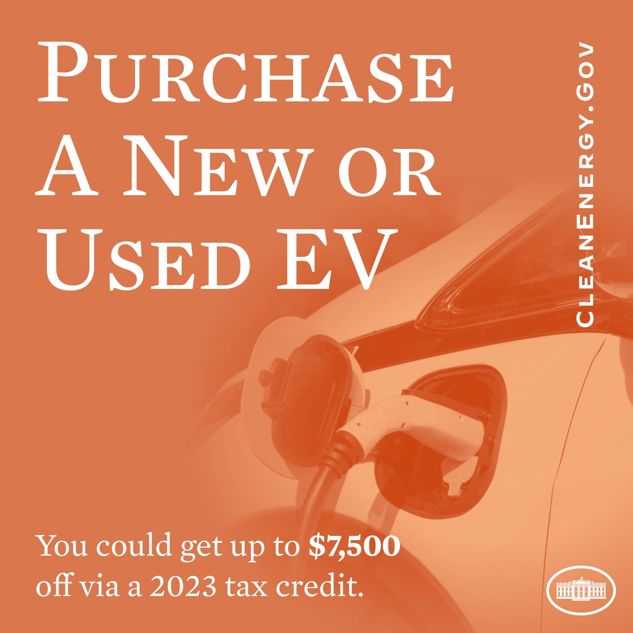 The image shows a poster with an image of a car and text that reads "Purchase a new or used EV -...