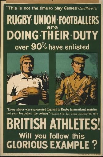 The image shows a poster with two rugby union footballers doing their duty over 90% have enlisted...