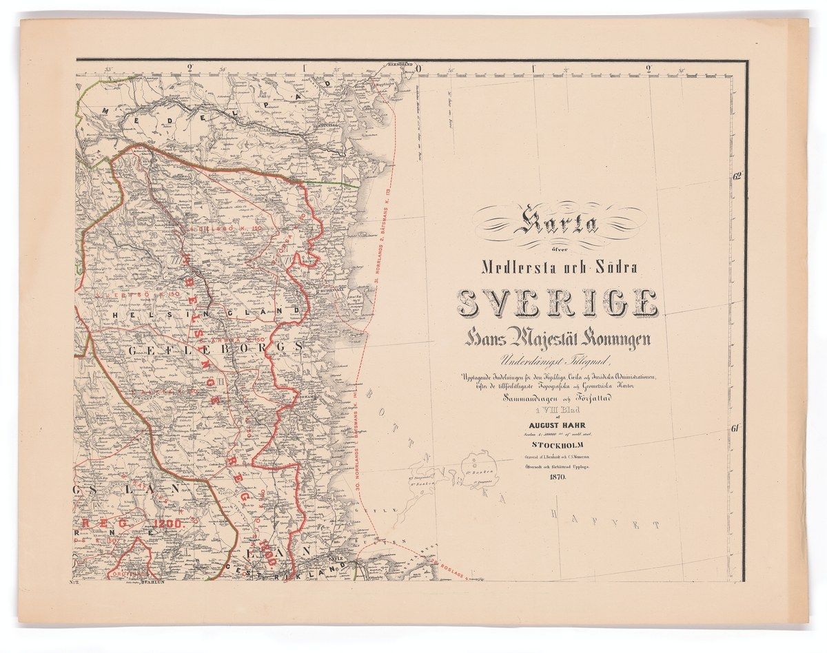 The image shows an old map of Sweden with a red line on it, set against a white background. The...