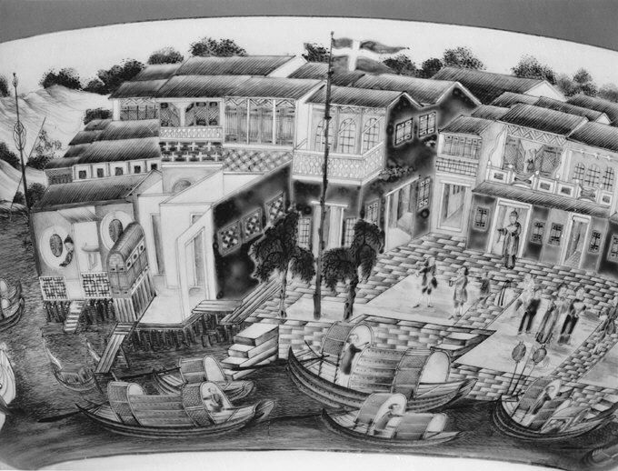 The image shows a black and white drawing of a city with boats in the water, depicting a scene of...
