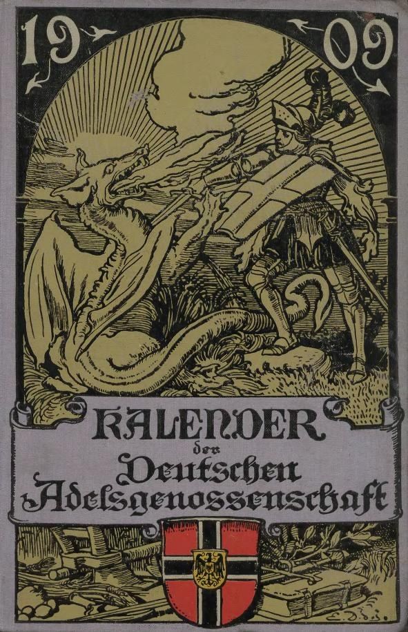 The image shows an old book with a picture of a man and a dragon on it, along with text and a logo....