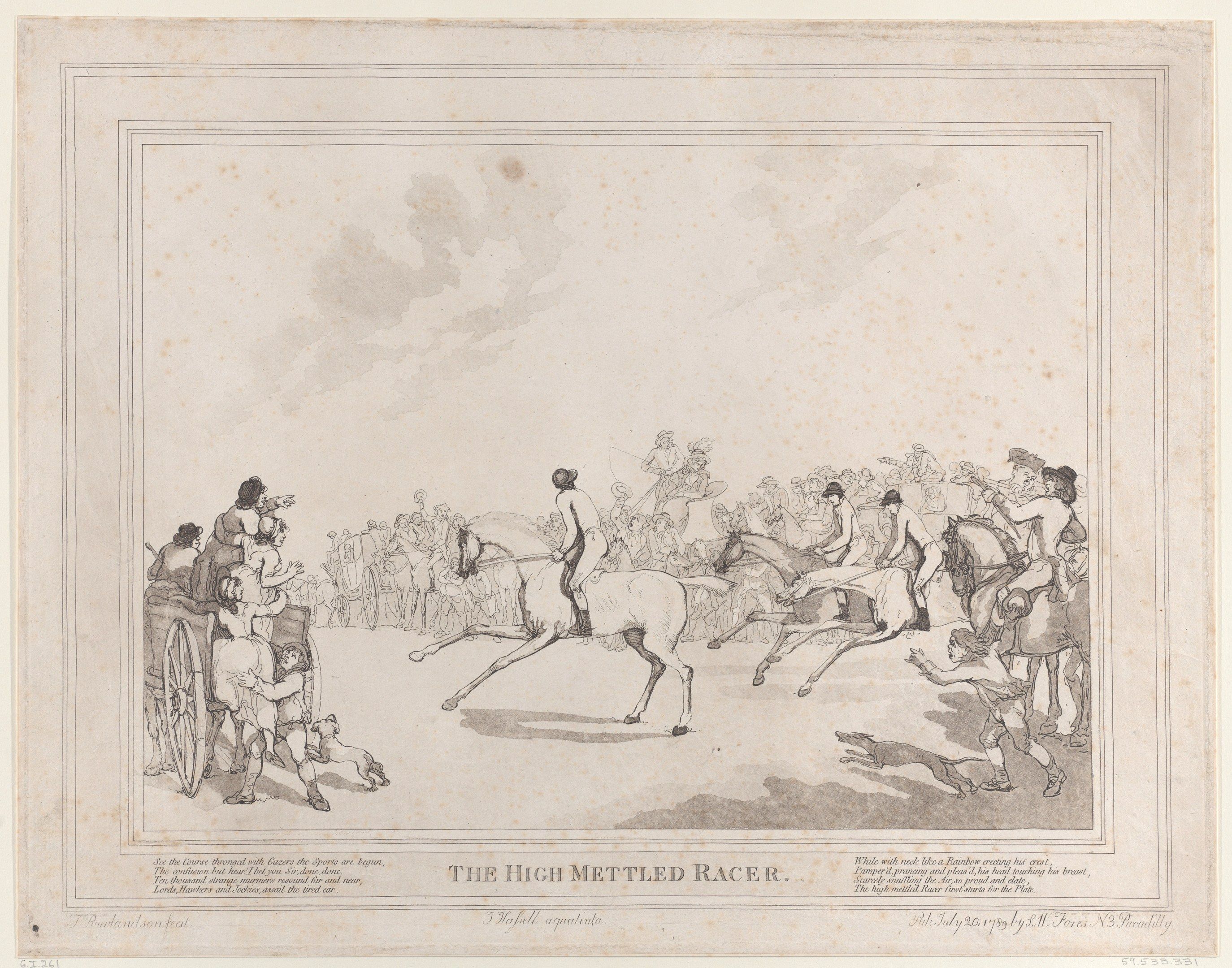 The image shows a drawing of a high metted racer, with a group of people riding horses and a cart...