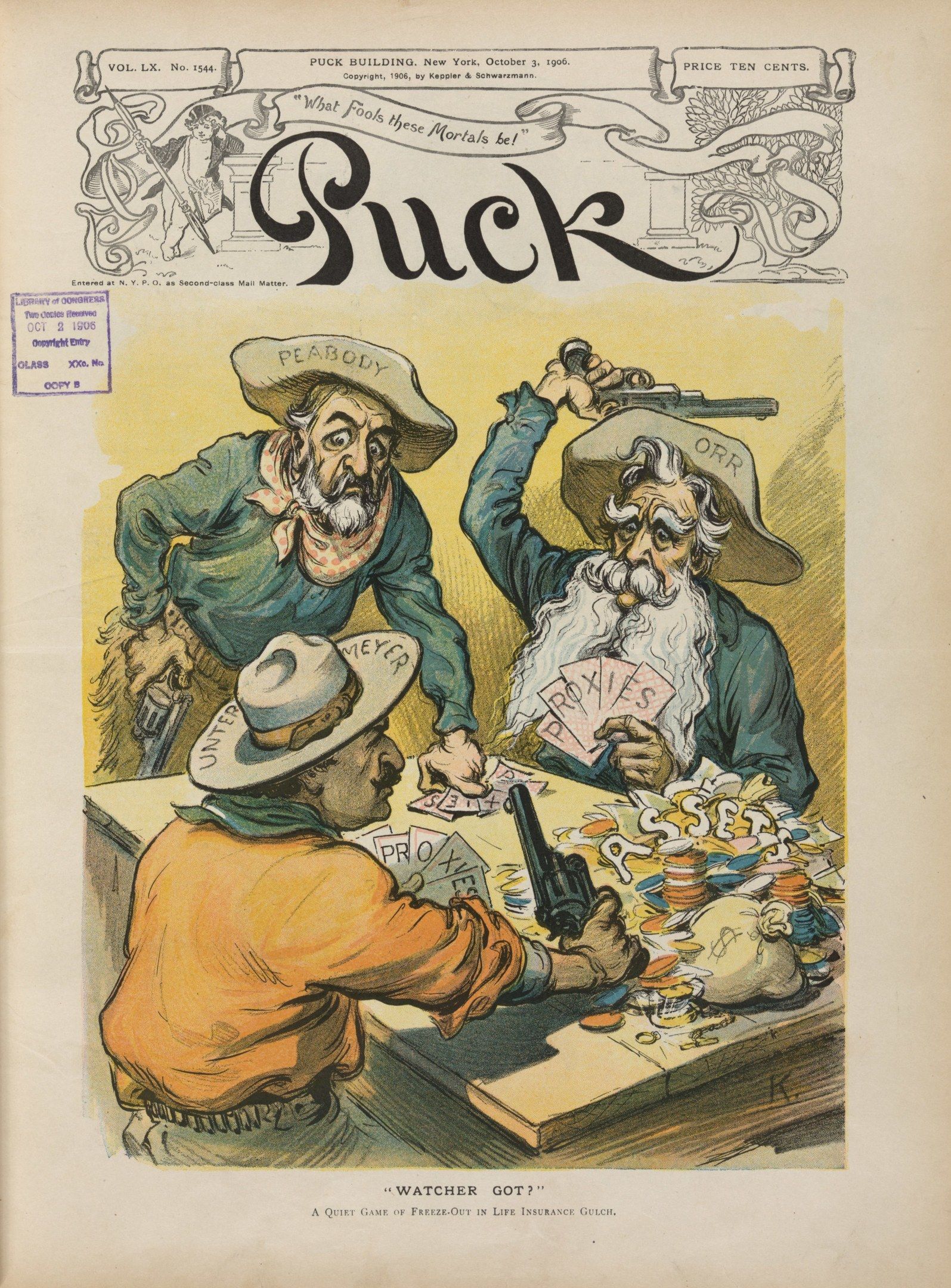 The image shows an old book with a cartoon of three men playing poker on the cover. The men are...