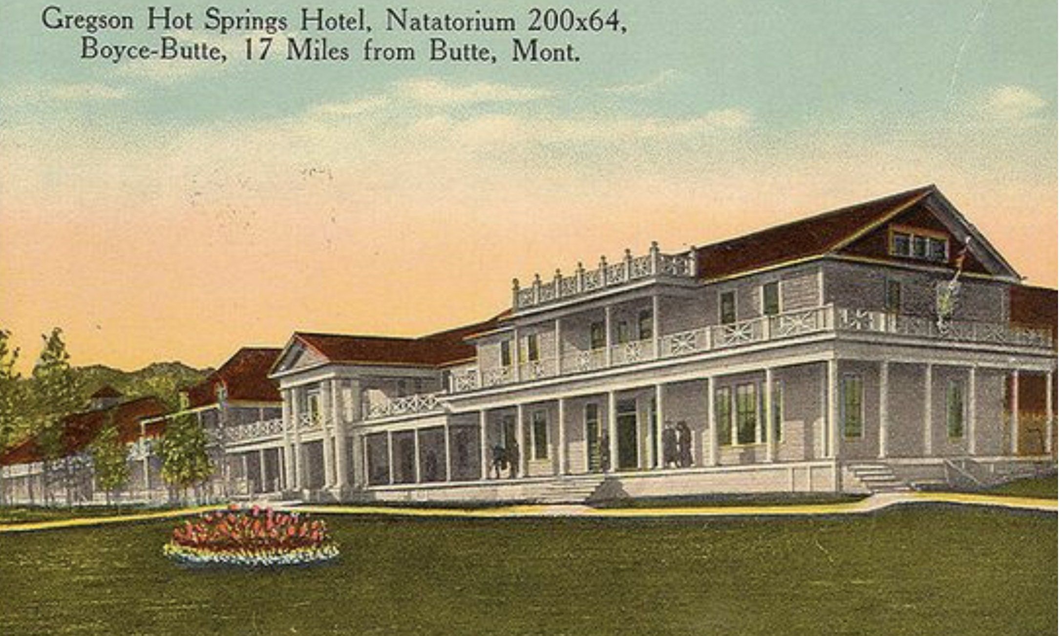 The image shows an old postcard of the Gregson Hot Springs Hotel in Natatorium, Boyce-Butte, 17...