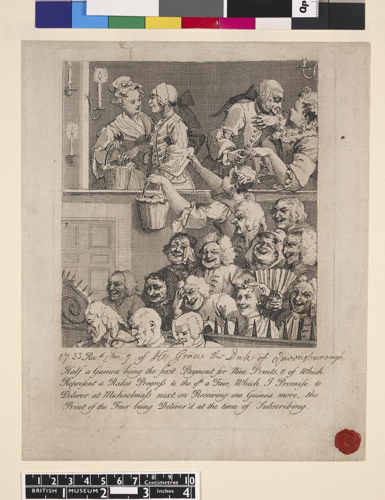 The image shows a drawing of a group of people in a room, with a paper in the center featuring text...