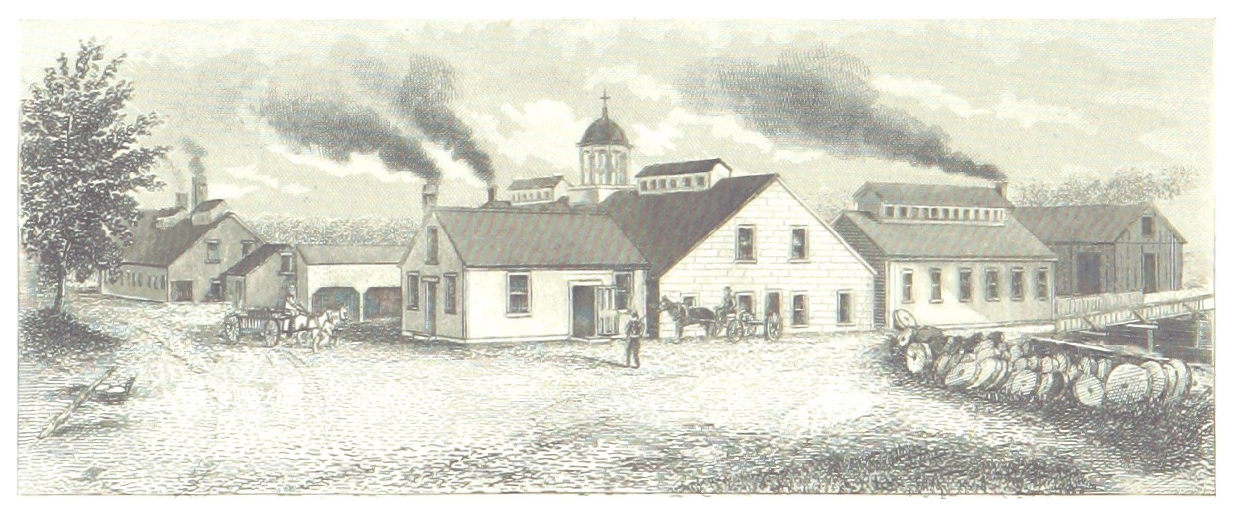 The image shows a drawing of a small town with a church in the background, surrounded by houses,...