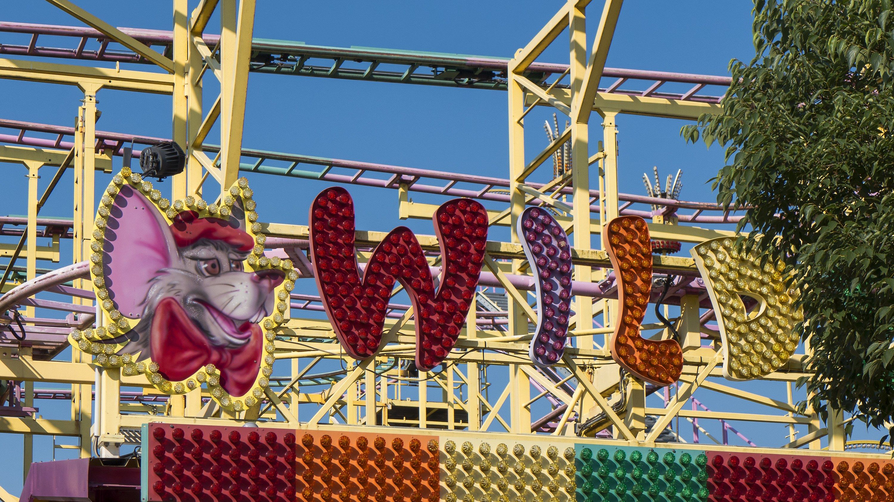 The image shows a roller coaster with a sign that says "Wild" on it, surrounded by metal rods and a...