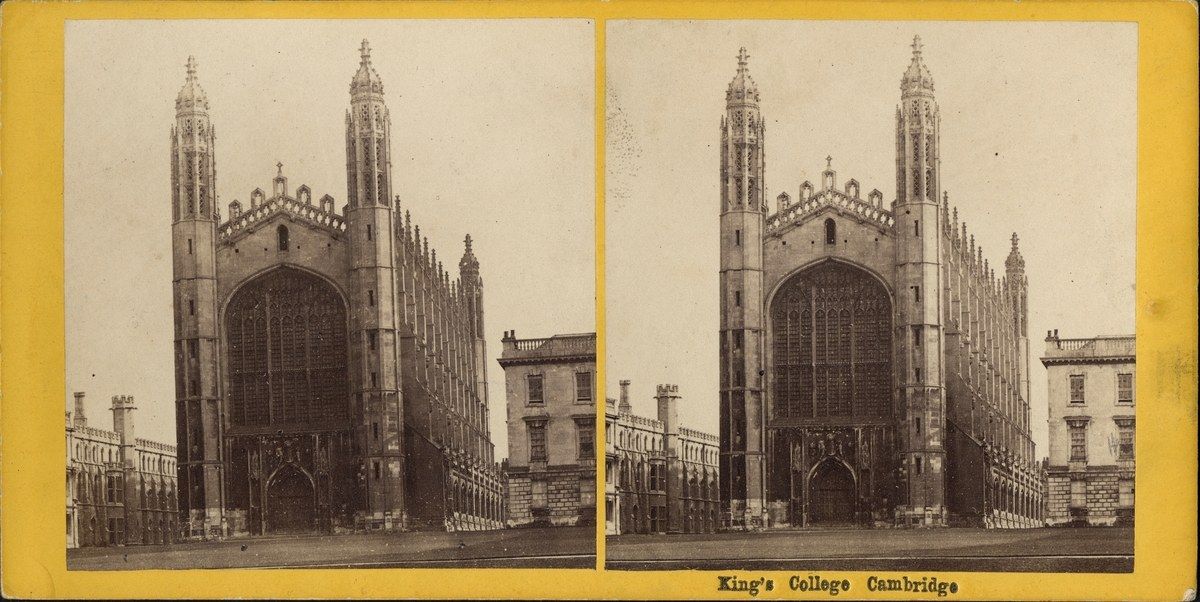 The image shows a black and white photo of King's College in Cambridge, England. It is a collage of...