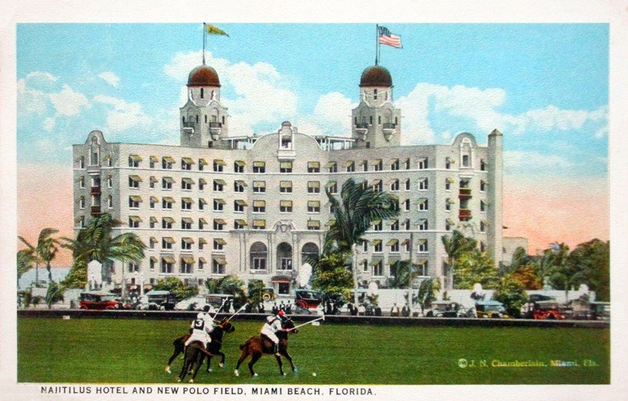 The image shows a postcard of the Nautilus Hotel and New Polo Field in Miami Beach, Florida. It...