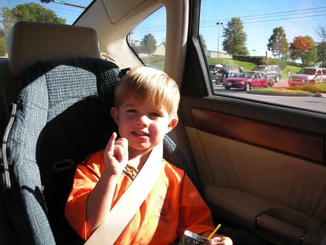 In this picture there is a boy wearing an orange shirt is holding a cover on his hand. This boy is...