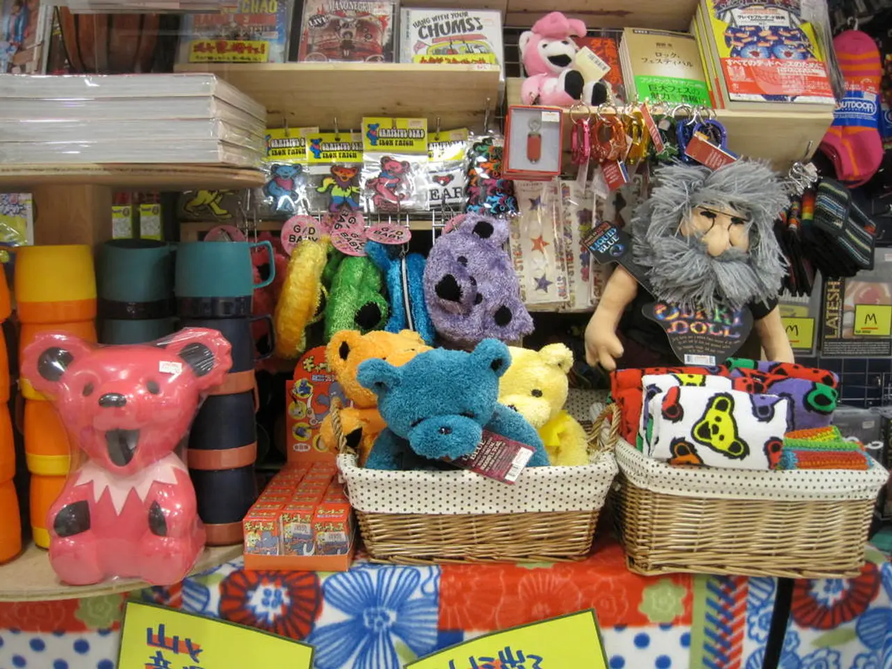 In this picture, we see teddy bears in blue, orange and yellow color are placed in the basket....