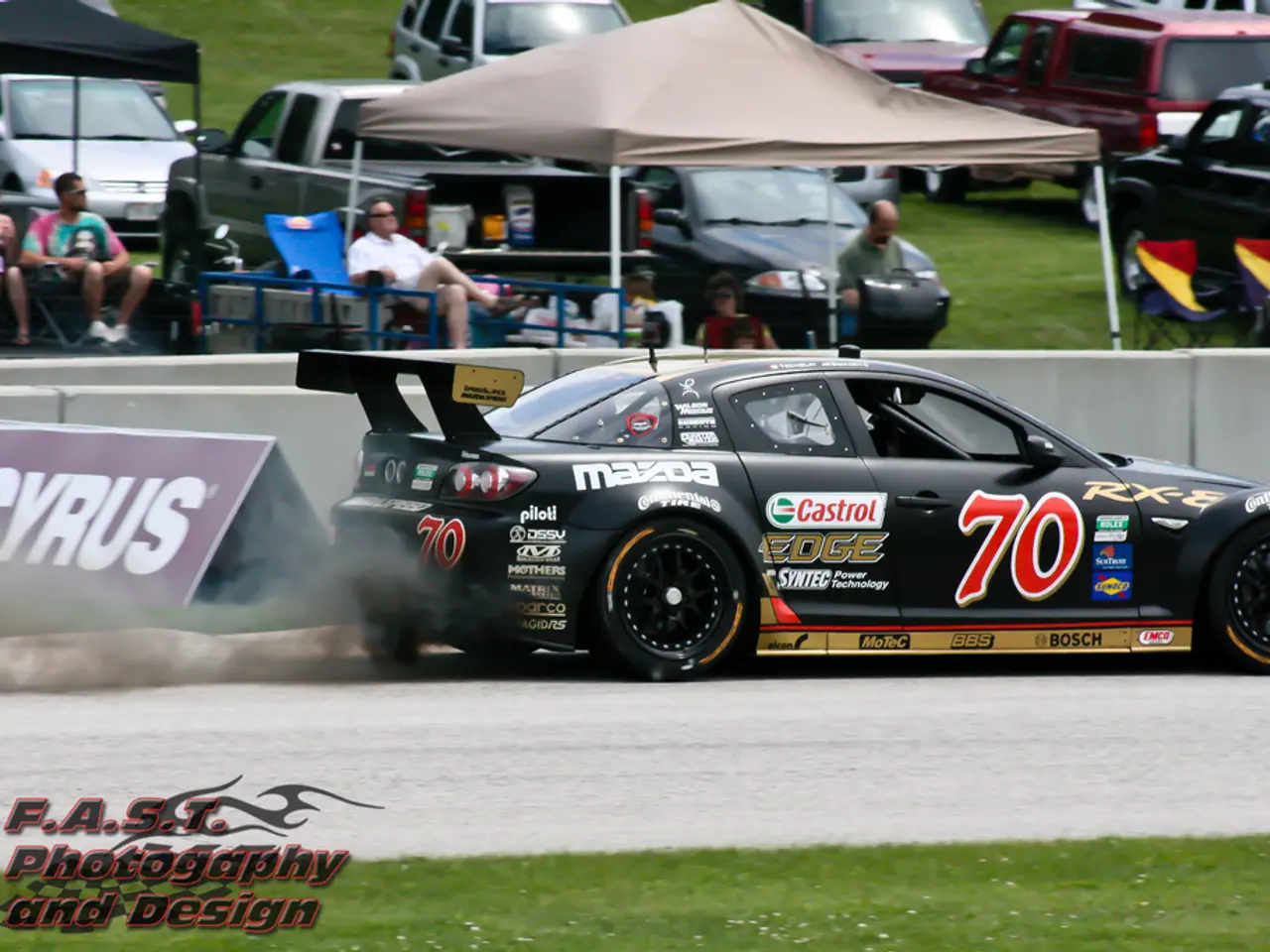 Here I can see a black color racing car on the road. At the bottom of the image I can see the grass...