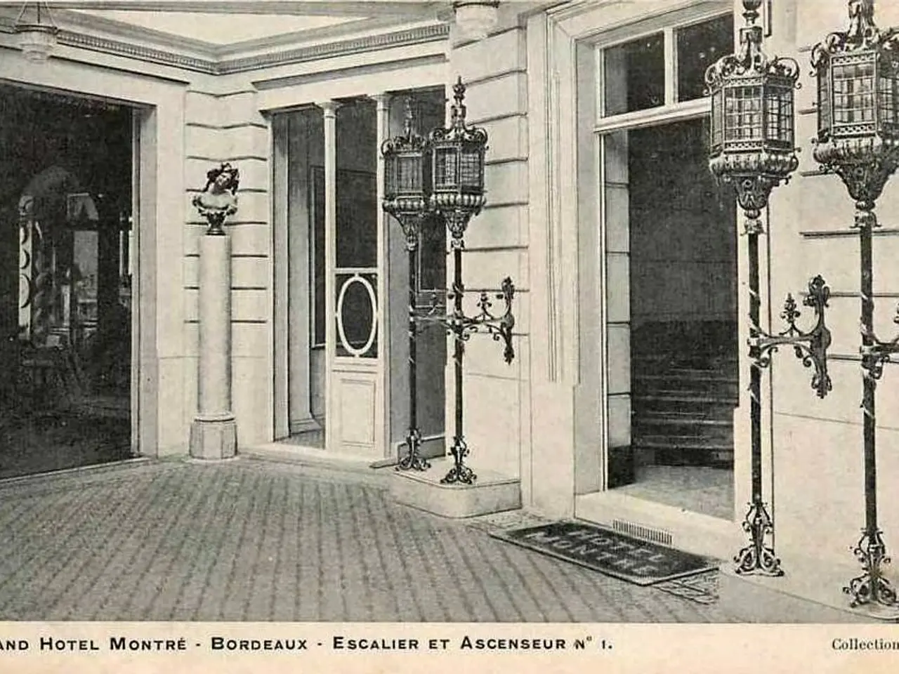 The image shows an old black and white photo of the entrance to the Grand Hotel Montréal in...