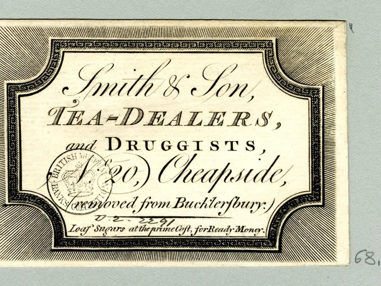 The image shows a paper with text written on it, which reads "Smith & Son Tea Dealers, and...