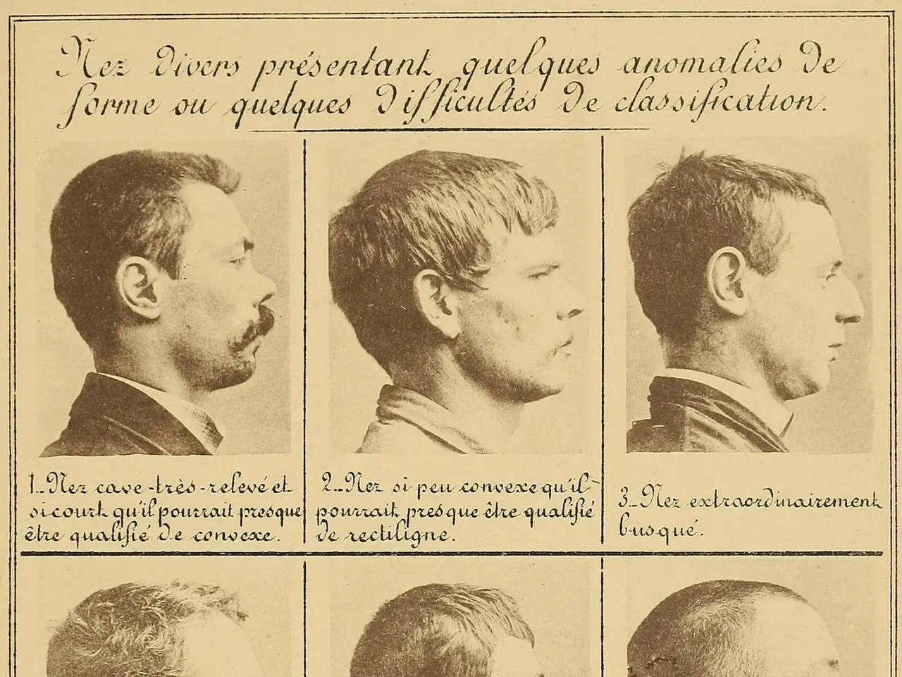 The image shows an old book with a variety of men's faces, each with a different hairstyle. The...