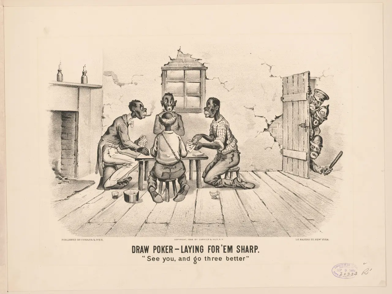 The image shows a group of people sitting around a table playing poker, with a wall, window, door,...