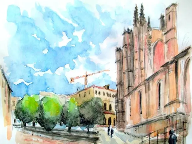 In the image there is a painting of some buildings, trees and few people.