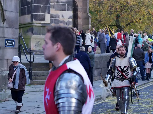 In the image there are two men in armor and shield standing on the road with sword in their hands,...