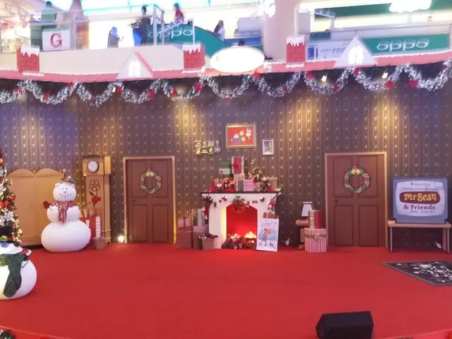 In the image we can see there is a stage on which a decorated christmas tree is kept and there are...