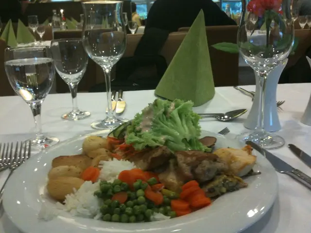 It's a food in the plate and there are wine glasses on the table.