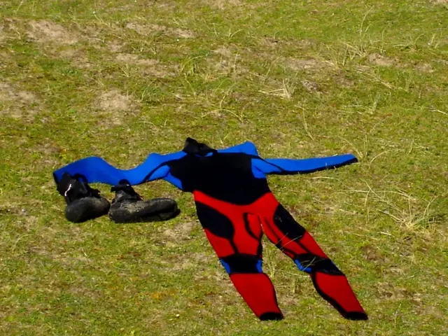 In this picture there is a dress and there are black color shoes on the grass and the dress is in...