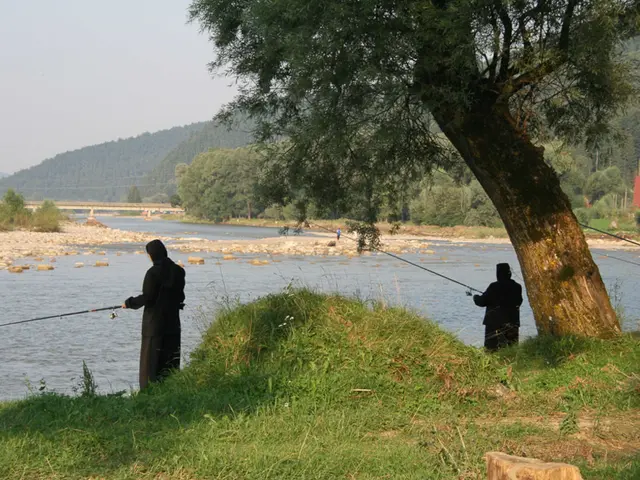 In this picture there are two people standing and fishing. At the back there are mountains and...