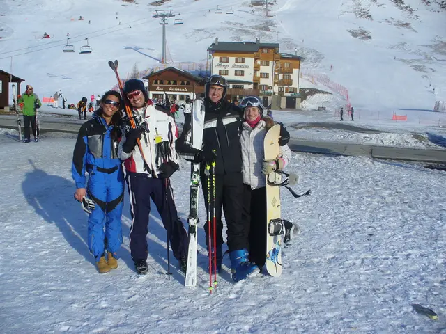 In the image there are three standing on the ice land with bags all over the place and behind them...