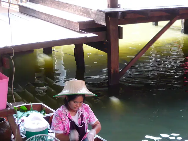 In this image we can see a woman sitting on the boat and pots with vegetables and eggs are placed...