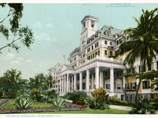 The image shows an old postcard of the Royal Poinciana Hotel in Palm Beach, Florida. It features a...