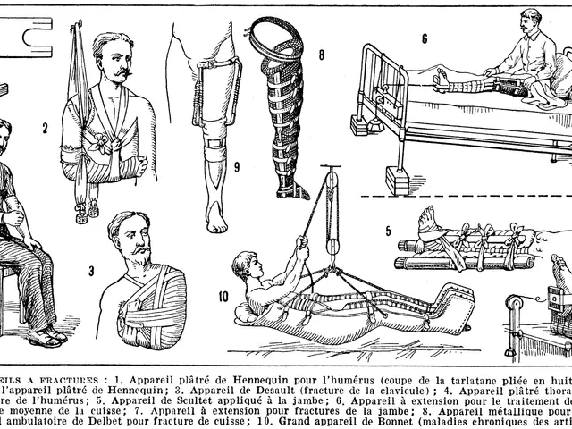 The image shows a black and white drawing of a man in a hospital bed with a cast on his leg,...